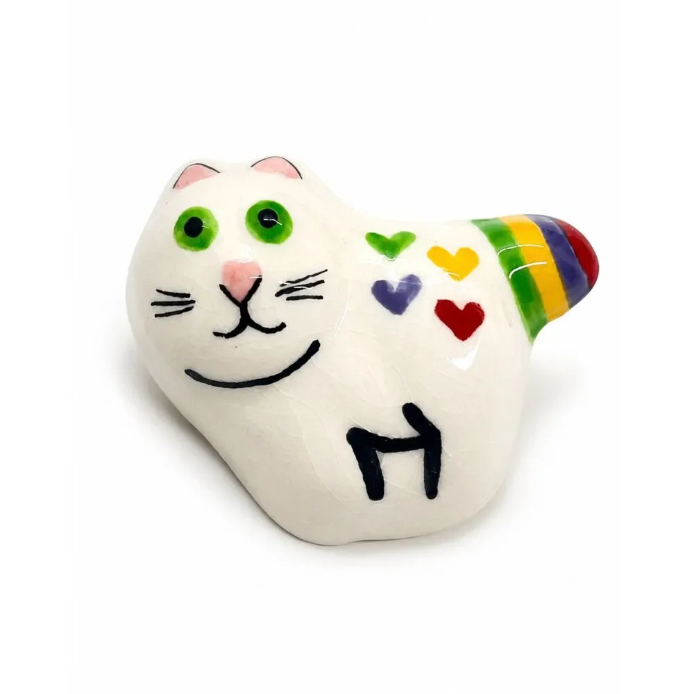 VINTAGE CAT BROOCH Ceramic Hand Painted Rainbow Hearts Folk Art Whimsical